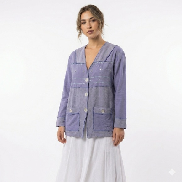 Nancy Bolen City Girl Jackets & Blazers - Nancy Bolen Women’s Boho Linen Blend Jacket Blue Small Lagenlook